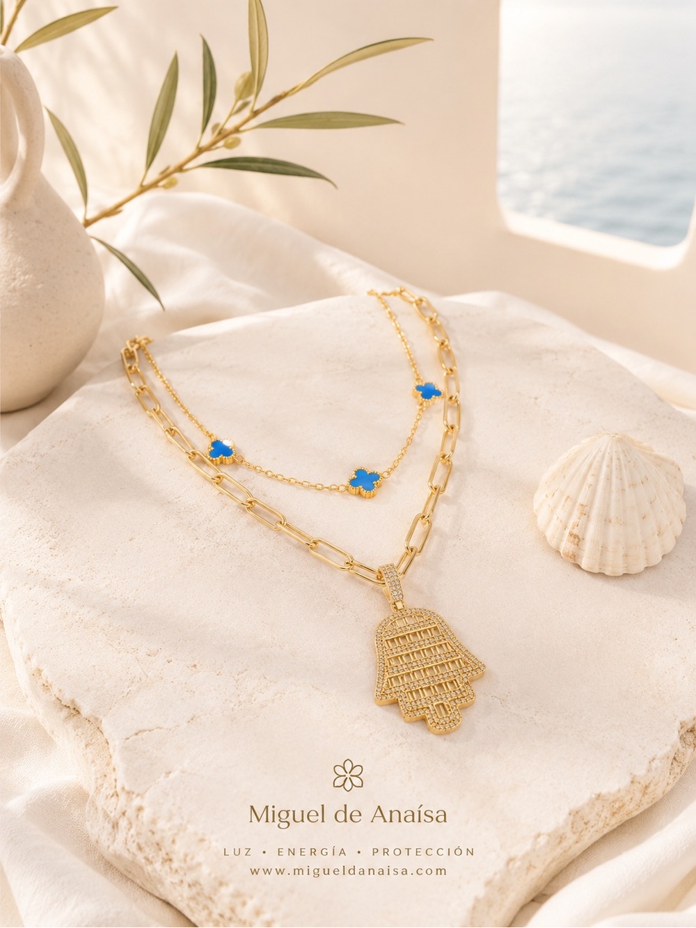 Gold Hamsa Layered Necklace with Blue Accents